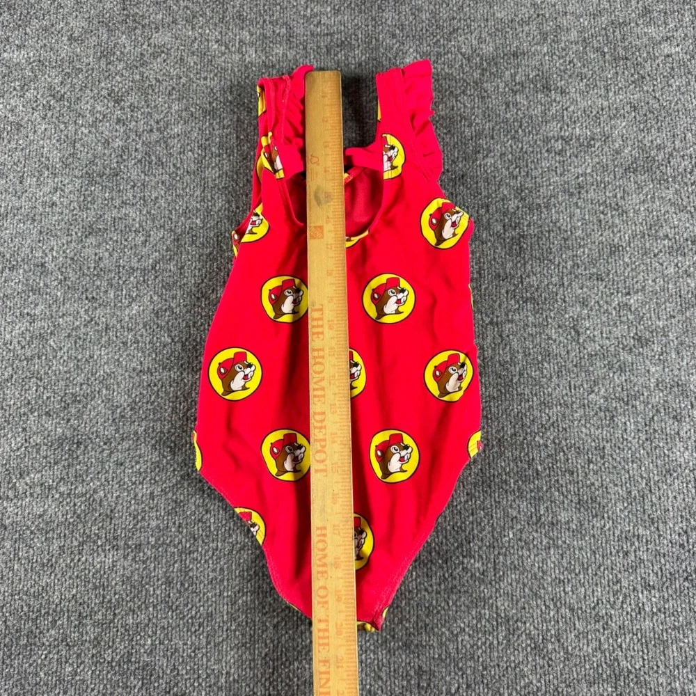 Buc-ee's Girls Red Beaver Logo One Piece Swimsuit Ruffle Straps Size 5T